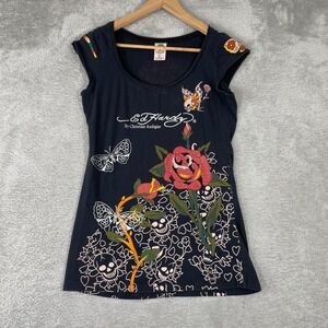 Vintage Ed Hardy Shirt Womens XL Black Tiger Rhinestone Tattoo Y2K Goth